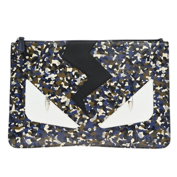 Fendi Handbags - FENDI Logo Bugs Monster Clutch Hand Bag Leather Navy Blue SHW Italy 67KA952